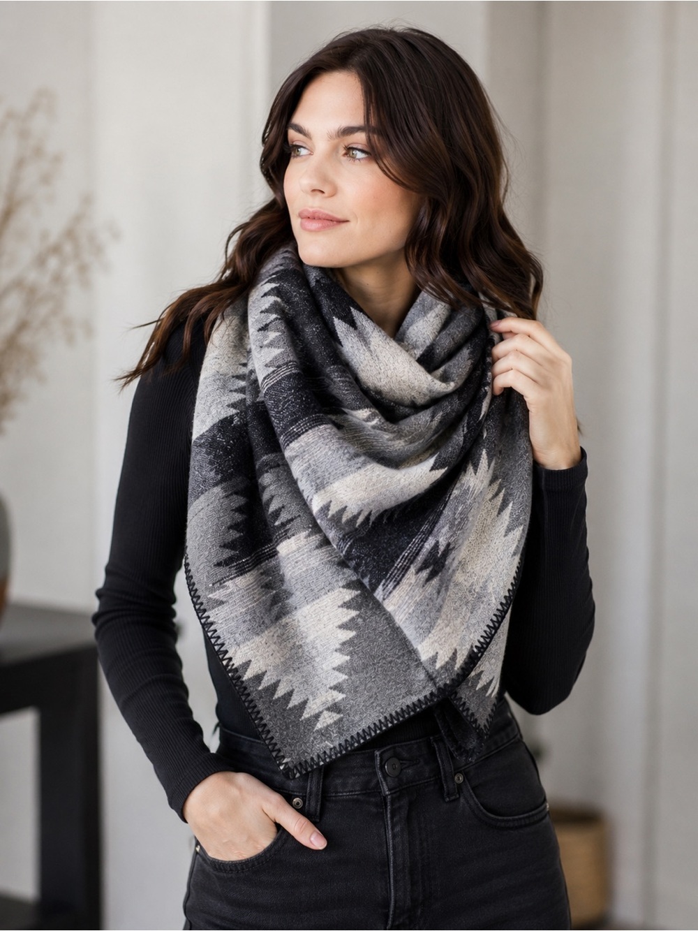 NEW! Sophia Reyes Winged Blanket Scarf Gray Black Geometric Southwestern NWT USA